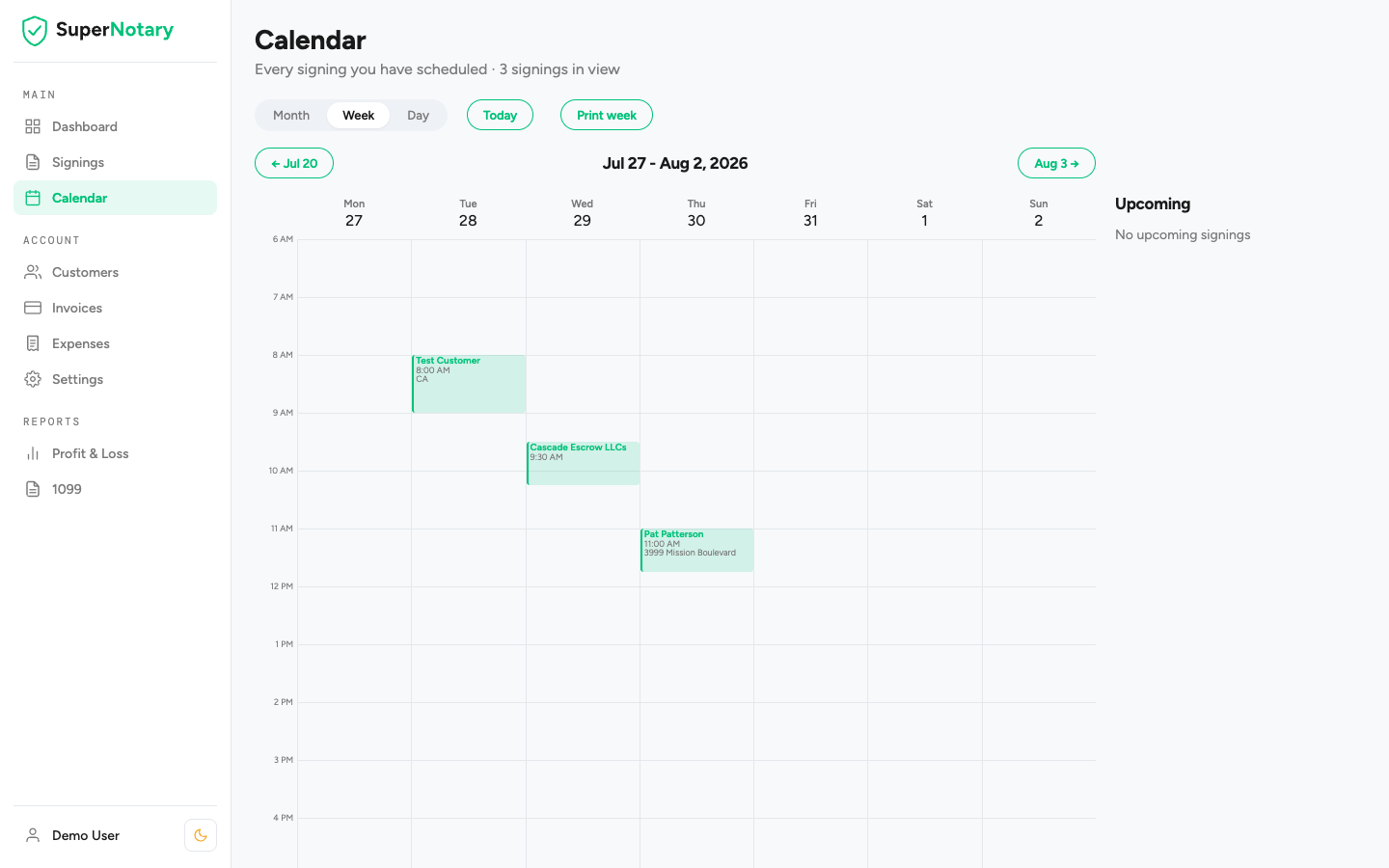 The calendar in week view, with each signing placed on its day and time and the count of signings in the week shown at the top.