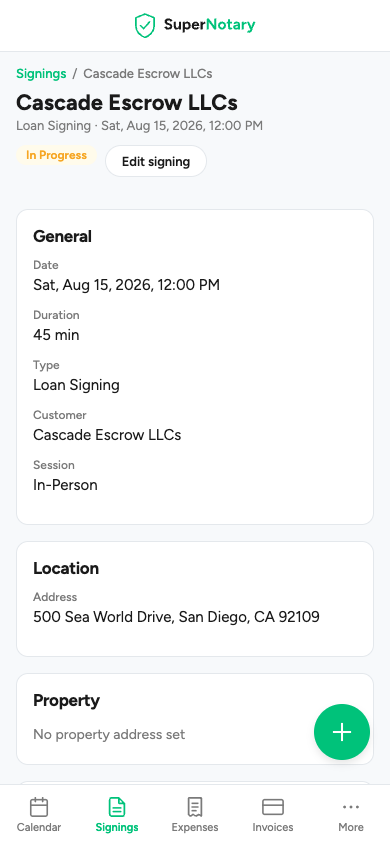A single signing on a phone: signers, address with a map link, loan type, fee, mileage and the invoice status.